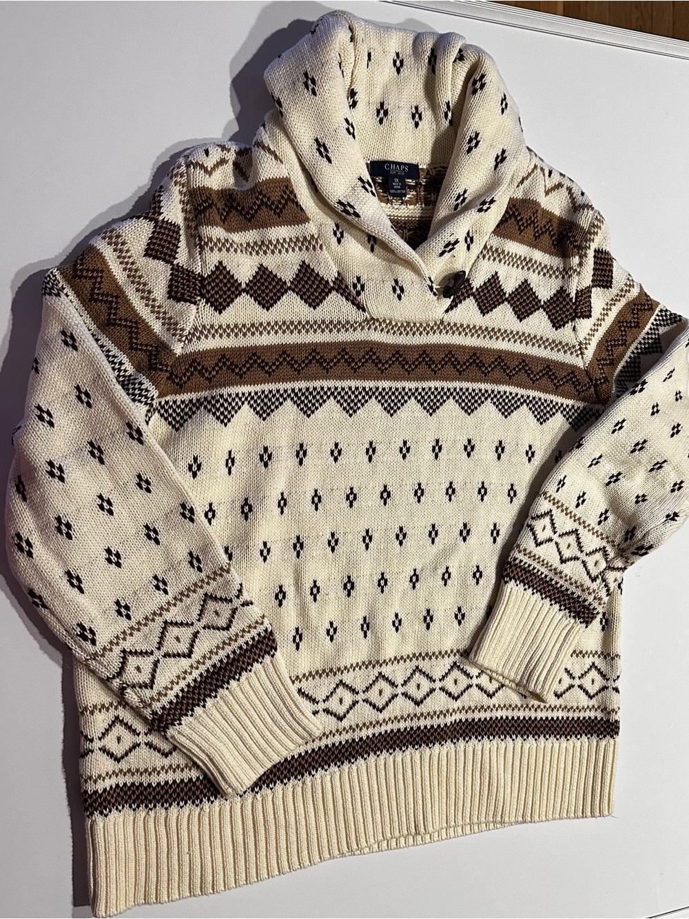 Chaps Women Sz 1X Sweater Brown Geometric Aztec Knit Hoodie Long Sleeve Pullover